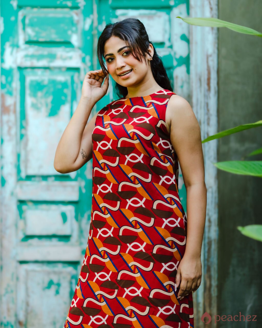 Printed s/l round neck long dress