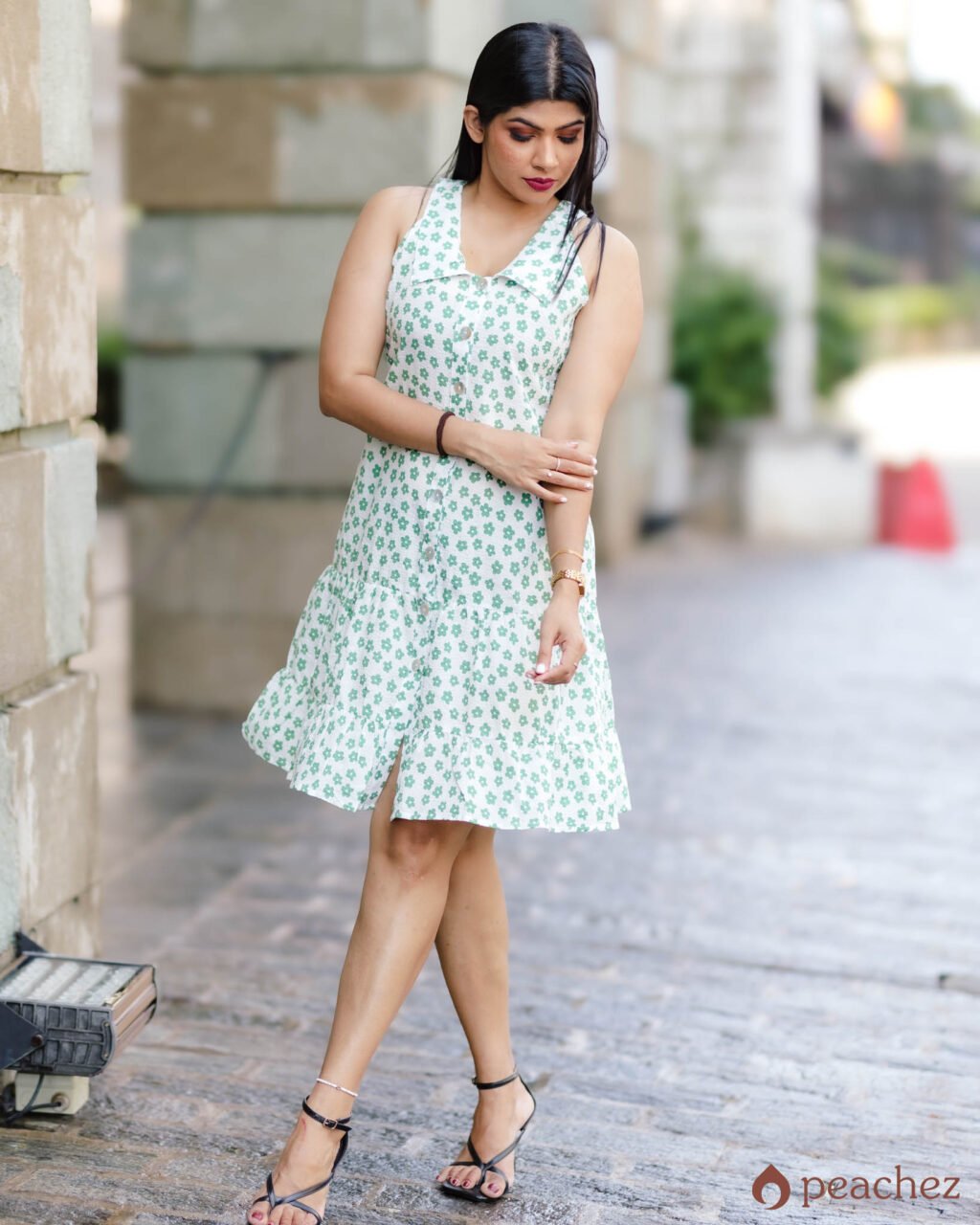 Ruffled hem button front short dress