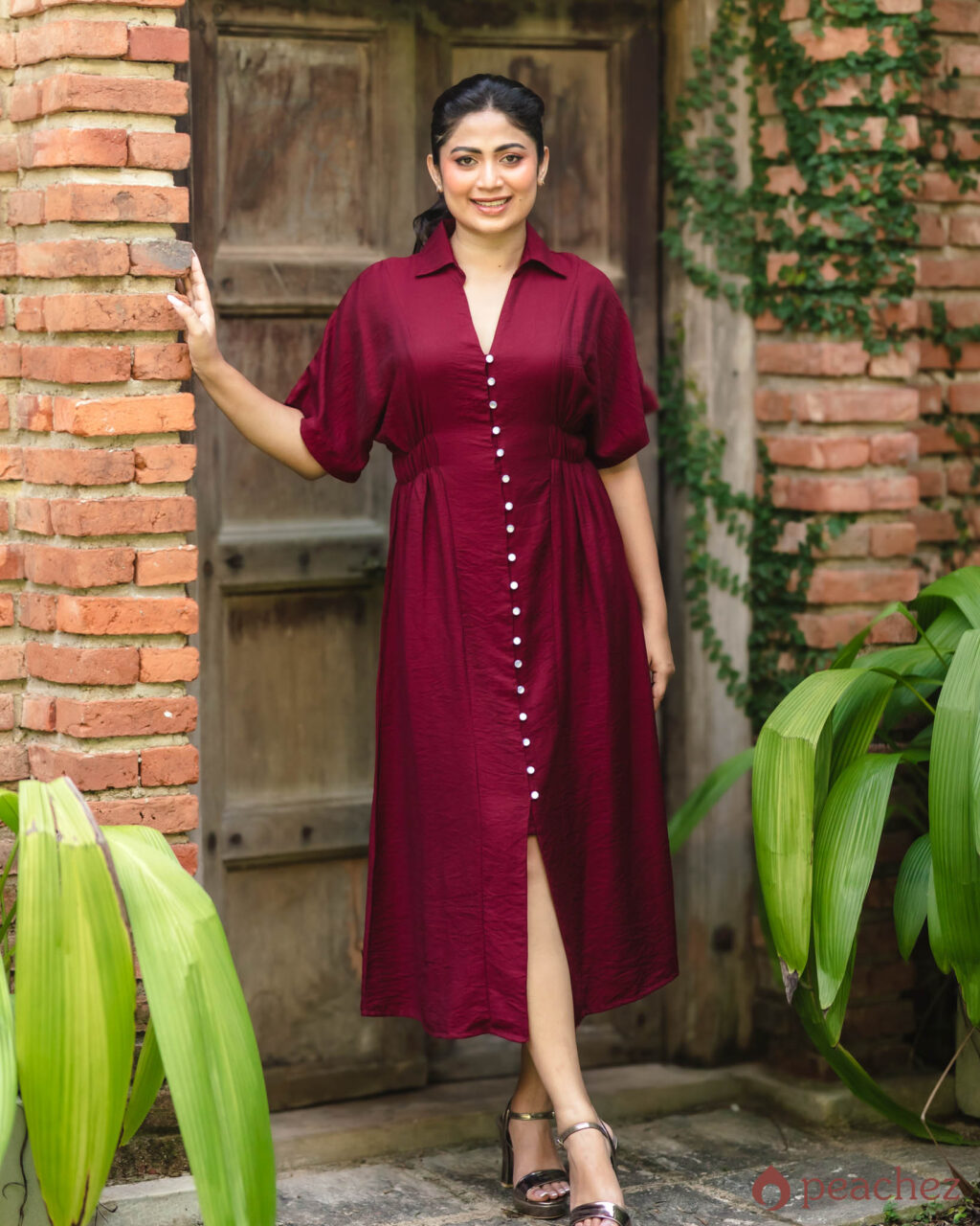 Button front elastic waist long dress