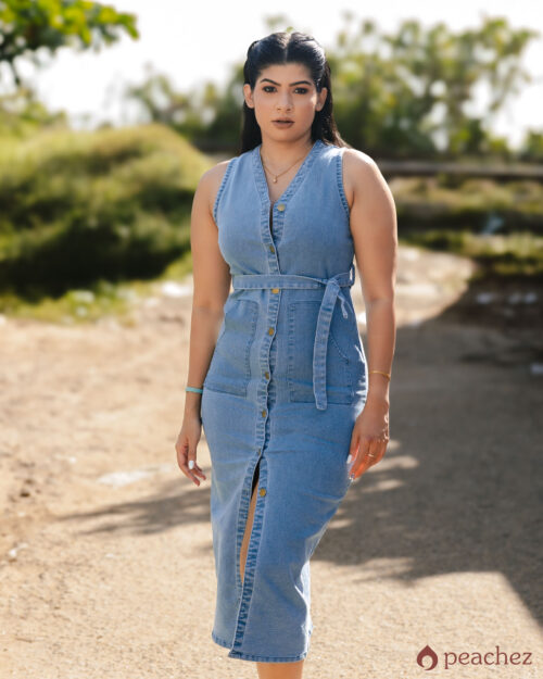 Botton front long denim dress