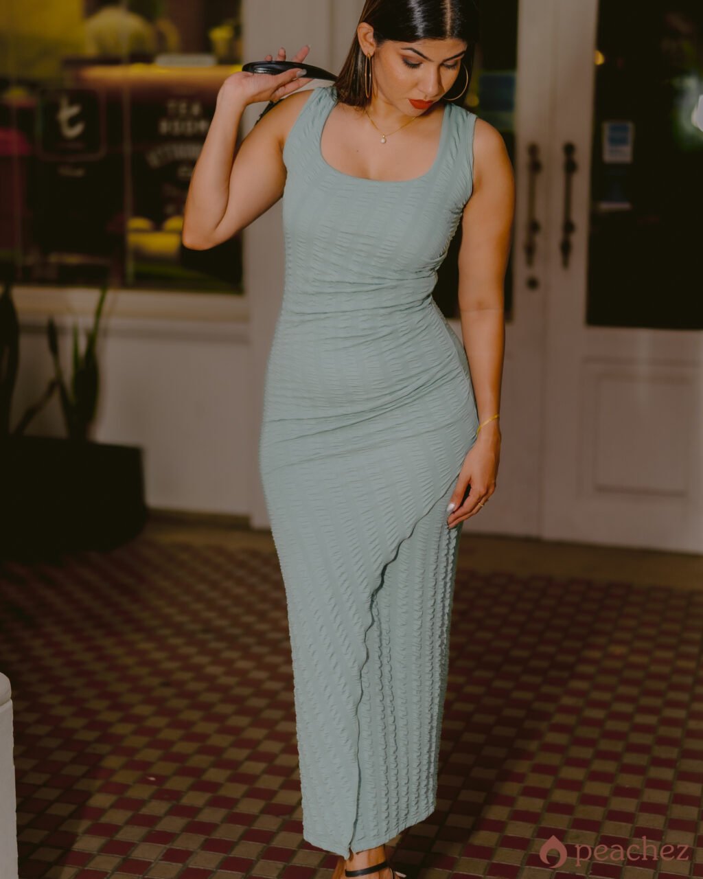 Square neck gather detail party dress
