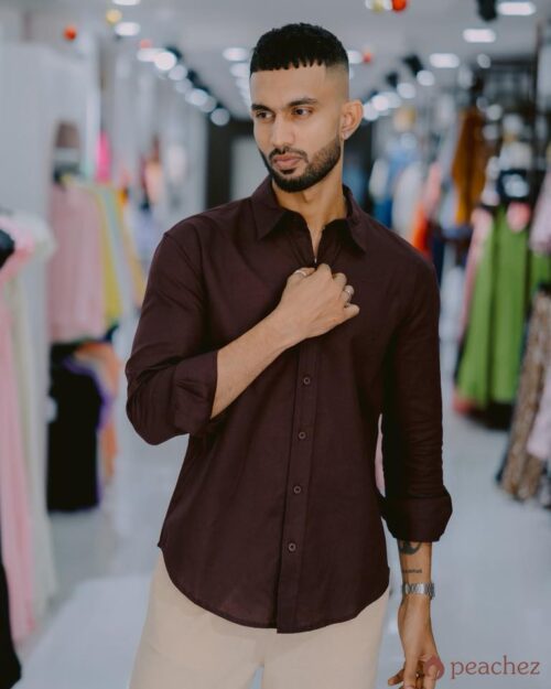 Linen plain turndown collar l/s shirt