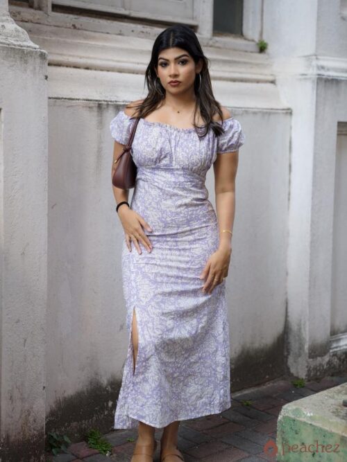 Puff sleeve slit thigh printed dress