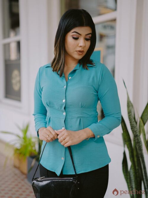 Cinched waist long sleeve button up shirt
