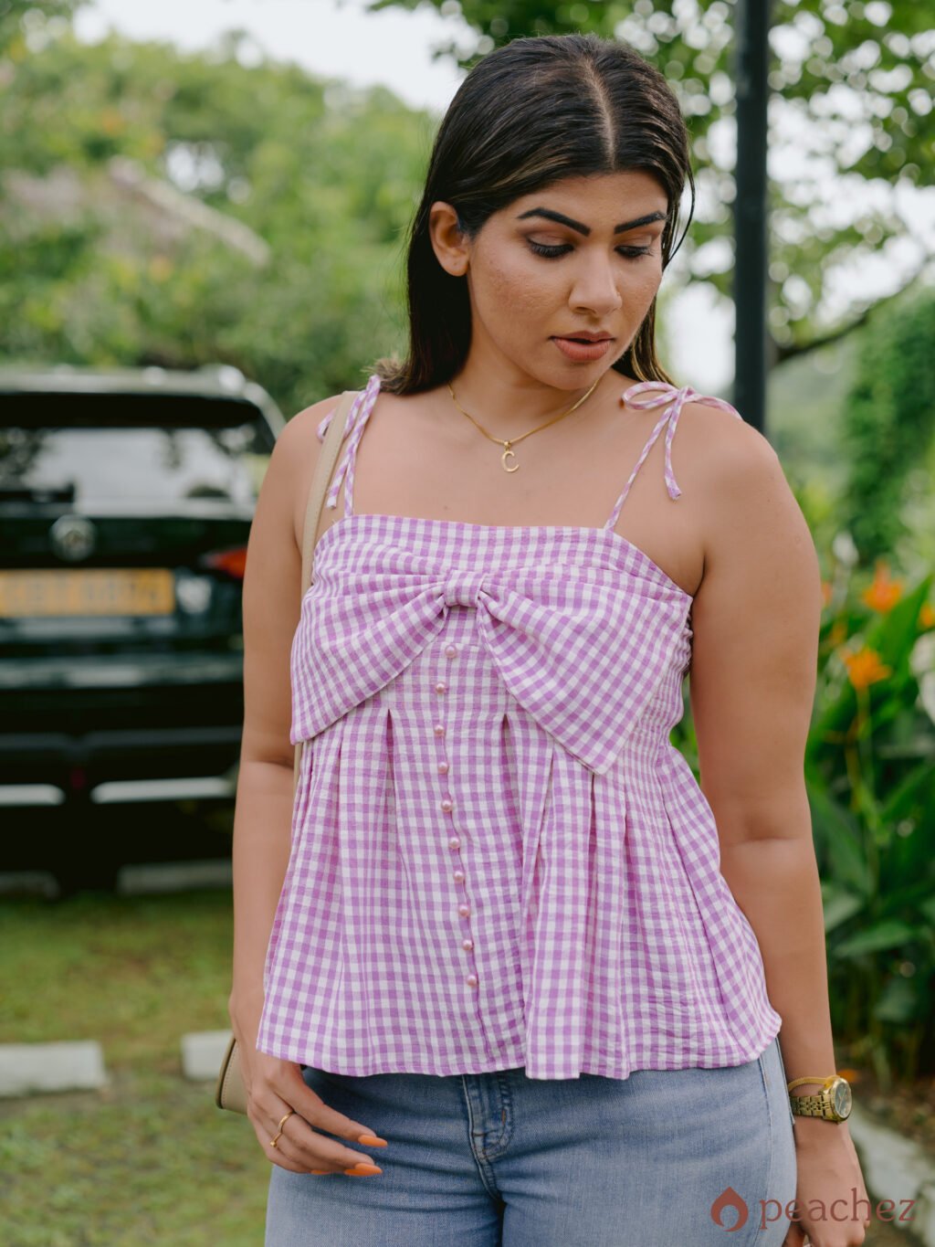Plaid bowknot design top