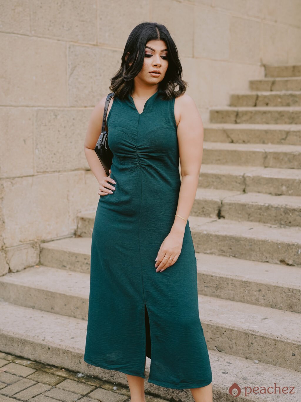 Gathered front midi dress