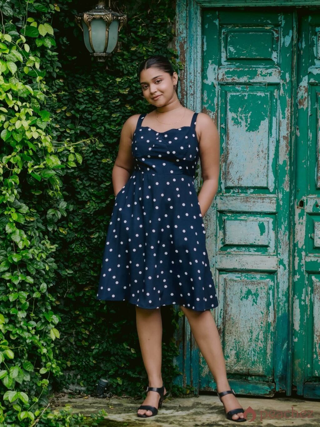 Polka dot square neck a-line dress