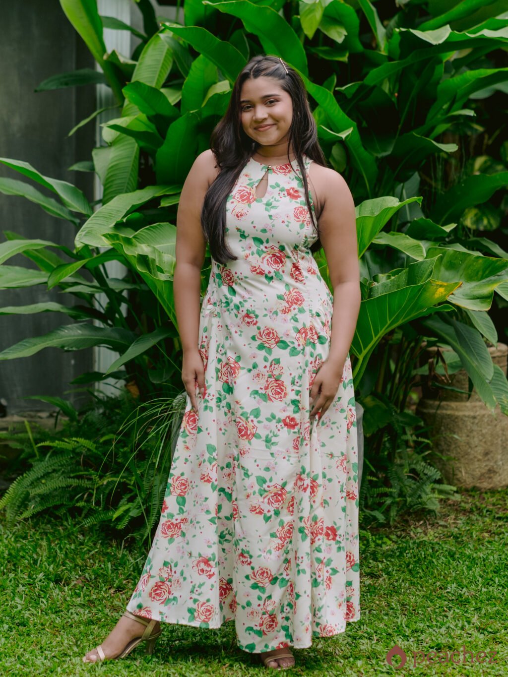 Floral print waist ruched maxi dress