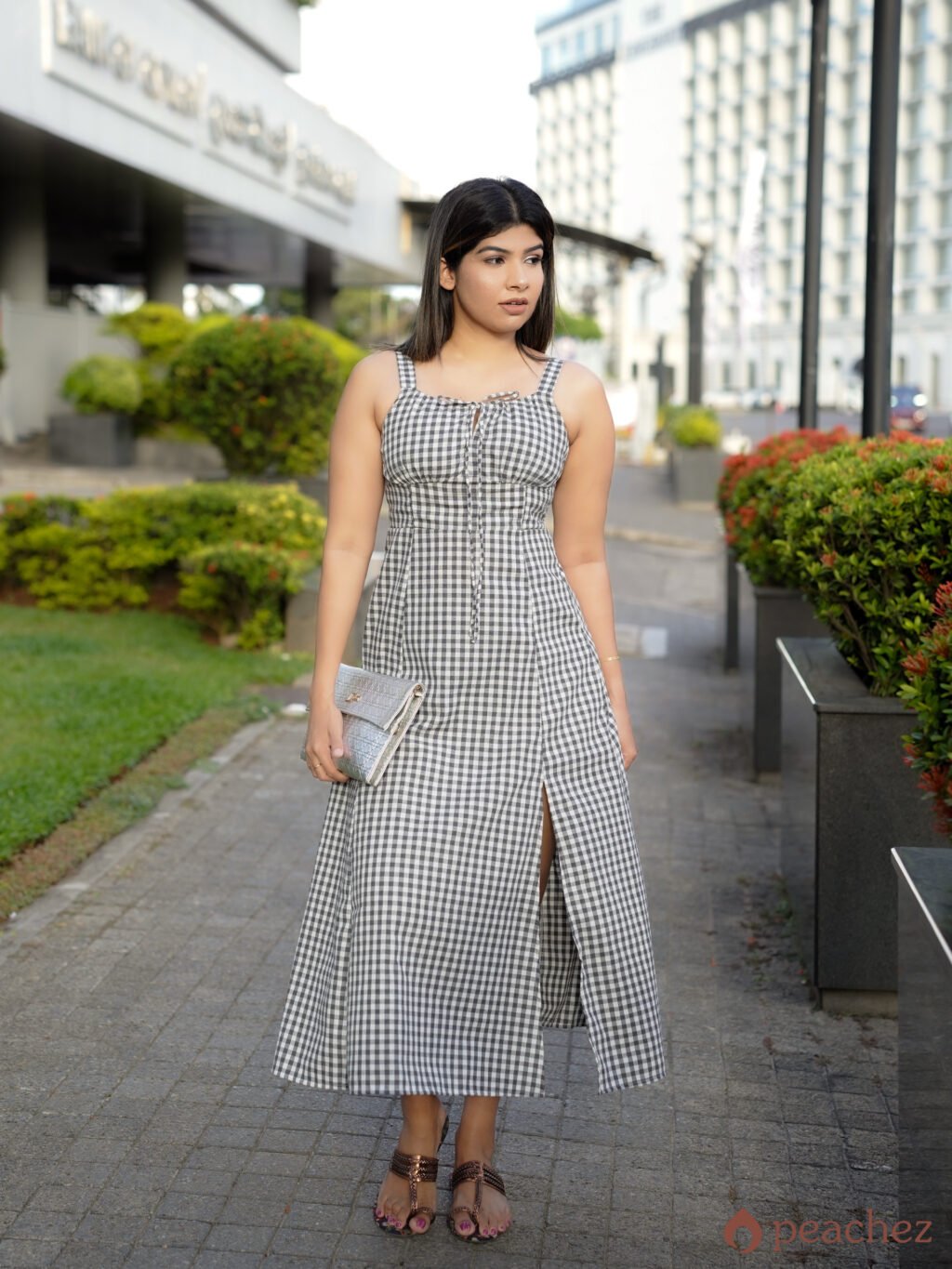 Linen plaid slit strap long dress