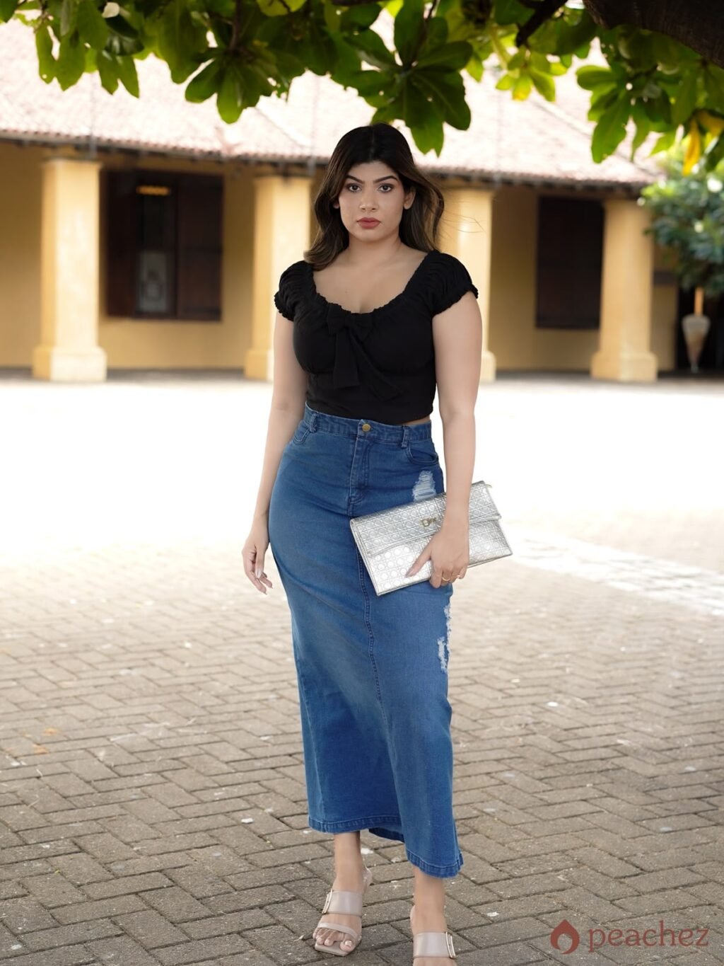 High waist ripped split back denim skirt