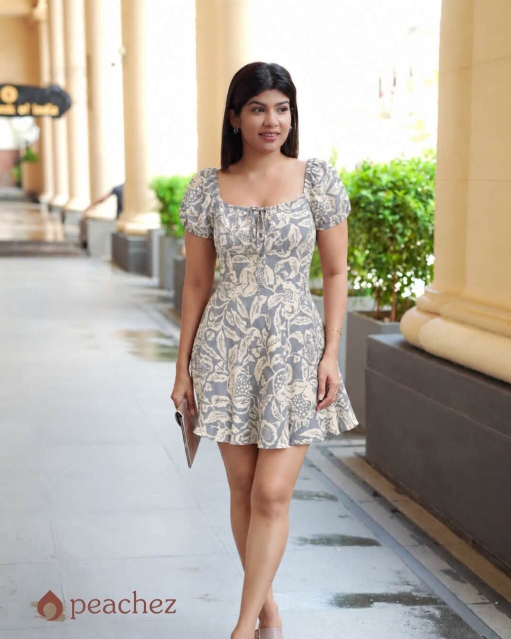 Printed off shoulder bubble sleeve dress