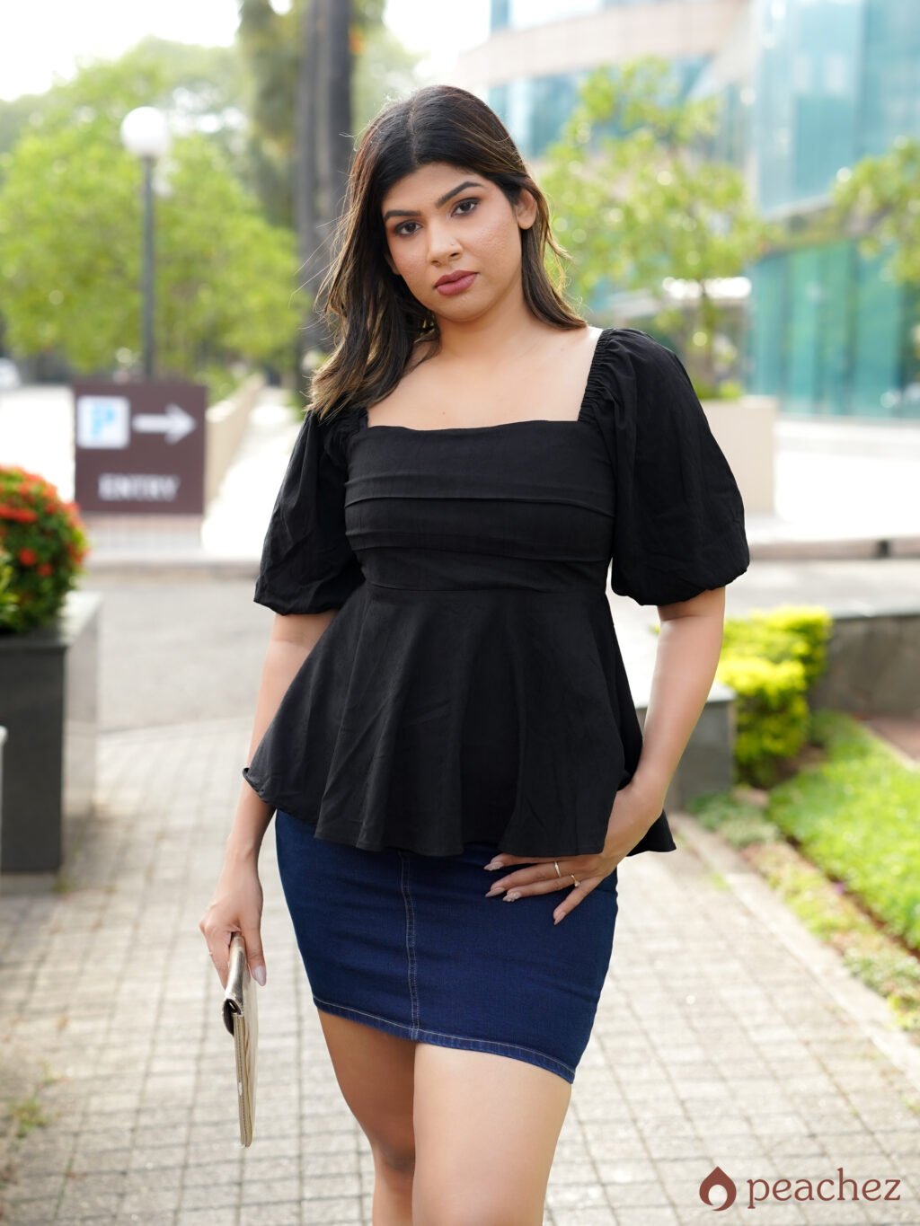 Petal sleeve cinched waist ruffle hem blouse